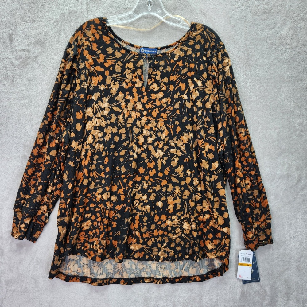 Democracy Tunic Womens Plus 3X Black Floral Print Keyhole Long Sleeve Top Career